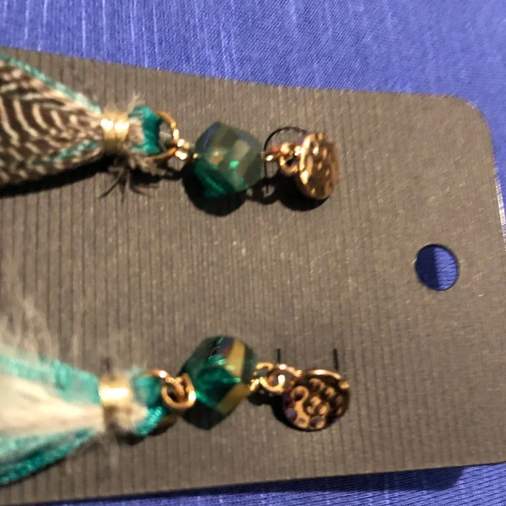 Jade Green Tassels with Quail Feathers Earrings - Picture 2 of 2